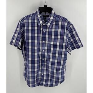 Banana Republic Tropical Blue Plaid‎ Short Sleeve ButtonDown Collar Shirt Medium